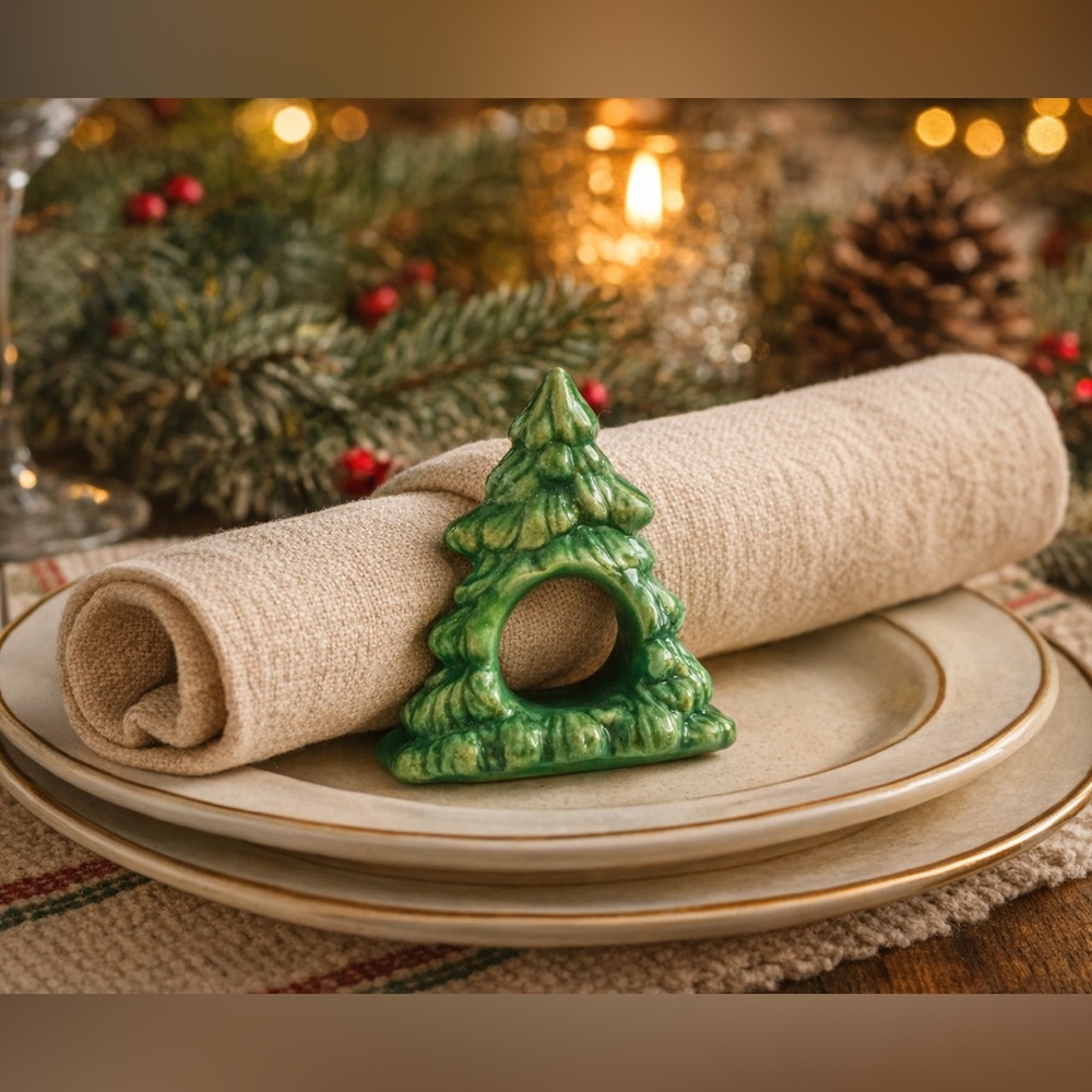 Vintage Ceramic Christmas Tree Napkin Rings. Set of 10 Retro Holiday Table Decor